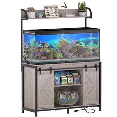 55-75 Gallon Fish Tank Stand with Power Outlets, Heavy Duty Metal Frame Aquarium Stand with Barn Door, Turtle Reptile Terrariums Stand, 1000LBS Capacity, Brown