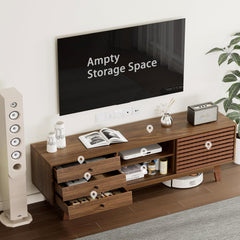 Mid Century Modern TV Stand for 65+ inch TV, TV Stand with Slatted Sliding Door and 3 Drawers, TV Console Entertainment Center with Storage for Living Room, Bedroom, Walnut