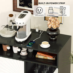 EOYUTLLY Coffee Bar Cabinet with Power Outlet & LED Light, Liquor Cabinet with Wine Rack & Glasse Holder, Wine Cabinet with Drawer for Home Bar, Black & White