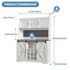 Coffee Bar Cabinet, 47" Farmhouse Sideboard Buffet Cabinet with Sliding Barn Door, Wine Rack & 6 Hooks, Wine Bar Cabinet for Home Dining Living Room, Dark Rustic Oak