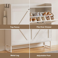 EOYUTLLY Shoe Cabinet for Entryway with 2 Flip Drawers,Narrow Wooden Shoe Storage Cabinet with Metal Legs,Hold 24 Pairs, 4-Tier Adjustable Shelves–Freestanding Hidden Shoe Organizer for Hallway, Foyer