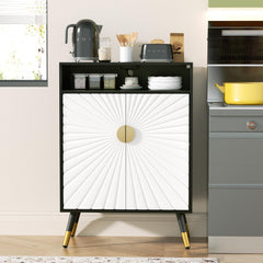 EOYUTLLY Buffet Cabinet with Storage, Buffet Cabinet with Charging Station & LED Light, Sideboard Cabinet with Decorative Sunlight Pattern Door, Accent Cabinet for Living Room, Entryway, Black & White