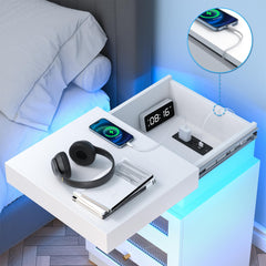 Nightstand with Charging Station and RGB LED Light, Modern Nightstand with Sliding Top, Bedside Table with 3 Drawers, End Table Side Table with Storage for Bedroom, White