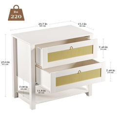 Set of 2 White Rattan Nightstands Side Tables Bedroom with 2 Drawers Tall Bedside Table Large Rattan Nightstand with Large Capacity & Storage Shelf Night Stand with Solid Wooden Leg