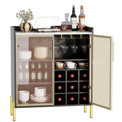 Coffee Bar Cabinet with Aluminum Frame Glass Door, Black Wine Bar & Liquor Cabinet, Modern Black Sideboard Buffet Cabinet with Storage for Kitchen, Dining Room & Living Room