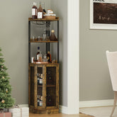 EOYUTLLY Corner Bar Cabinet with Wine Rack, 65"H 5-Tier Brown Wood Corner Liquor Wine Display Cabinet with Magnetic Doors for Home, Corner Bar and Storage Solution, for Living Room, Kitchen, Home Bar