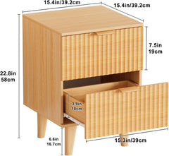 Urban Deco Fluted Nightstand with Storage, Mid Century Modern Nightstand, Wooden Side Table with 2 Fluted Drawers, End Table with Solid Wood Legs for Bedroom,15.4 x 15.4 x 22.8 in (Natural)