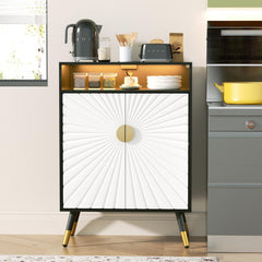 EOYUTLLY Buffet Cabinet with Storage, Buffet Cabinet with Charging Station & LED Light, Sideboard Cabinet with Decorative Sunlight Pattern Door, Accent Cabinet for Living Room, Entryway, Black & White