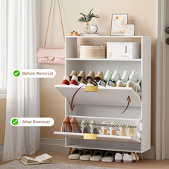 Urban Deco Shoe Storage Cabinet for Entryway, Wooden Organizer Shoe Cabinet with 2 Flip Drawers, Elegant 2 Tier Freestanding Shoe Organizer (Black)