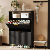 Urban Deco Shoe Storage Cabinet for Entryway, Wooden Organizer Shoe Cabinet with 2 Flip Drawers, Elegant 2 Tier Freestanding Shoe Organizer (Black)