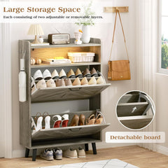 EOYUTLLY Shoe Cabinet Storage for Entryway, Narrow Shoe Rack Cabinet with 2 Flip Drawers, Freestanding Hidden Shoe Rack Storage Organizer (with Light, Grey)