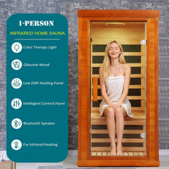 Far Infrared Sauna for Home One Person, 1170W Fast Heating Solid Wood Indoor Dry Sauna Room with LCD Display, Tempered Glass Door/Bluetooth Speakers/Vent and LED Lighting, Easy Assembly