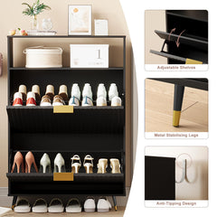 Urban Deco Shoe Storage Cabinet for Entryway, Wooden Organizer Shoe Cabinet with 2 Flip Drawers, Elegant 2 Tier Freestanding Shoe Organizer (Black)