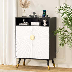 EOYUTLLY Buffet Cabinet with Storage, Buffet Cabinet with Charging Station & LED Light, Sideboard Cabinet with Decorative Sunlight Pattern Door, Accent Cabinet for Living Room, Entryway, Black & White
