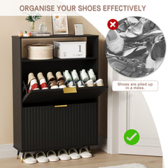Urban Deco Shoe Storage Cabinet for Entryway, Wooden Organizer Shoe Cabinet with 2 Flip Drawers, Elegant 2 Tier Freestanding Shoe Organizer (Black)