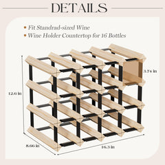 Wooden Wine Rack Countertop- Stylish Wine Racks for Cabinets, Perfect for Organizing and Displaying Your Wine Collection, Durable & Space-Saving Wine Storage Solution(16 Bottles)
