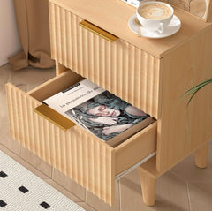 Urban Deco Nightstand with Charging Station, Small Wooden Bedside Table with Storage Drawer, Modern End Side Table with 2 Wood Fluted Drawers for Bedroom (Natural)