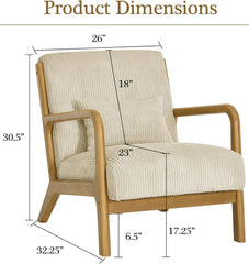 Mid Century Modern Accent Chairs, Upholstered Corduroy Fabric Lounge Arm Chair with Lumbar Cushion & Solid Wood Frame for for Living Room, Bedroom, Balcony, Camel
