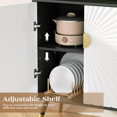 EOYUTLLY Buffet Cabinet with Storage, Buffet Cabinet with Charging Station & LED Light, Sideboard Cabinet with Decorative Sunlight Pattern Door, Accent Cabinet for Living Room, Entryway, Black & White