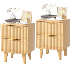 Urban Deco Nightstand Set of 2, Mid Century Modern End Table with 2 Fluted Drawers, Small Bedside Table with Storage End Side Table for Bedroom (Natural), No Charging Station-2pk