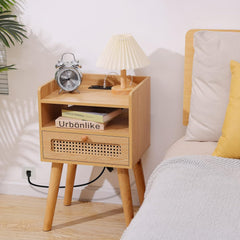 EOYUTLLY Nightstand Set of 2, End Table with Charging Station and Drawer Storage, Bedside Table with USB Ports Modern Side Table for Living Room, Bedroom and Small Space, Natural