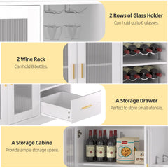 Wine Bar Cabinet with LED Lights, Floating Coffee Bar Cabinet with Wine and Glass Rack, Modern Liquor Cabinet with Glass Doors and Drawers for Living Room, Black