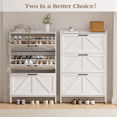 EOYUTLLY Shoe Cabinet Storage for Entryway, Narrow Shoe Rack Cabinet with 3 Flip Drawers & Coat Rack, Hidden Shoe Storage Cabinet, 2-in-1 Hall Tree Slim Freestanding Shoe Rack Organizer, Rustic Brown