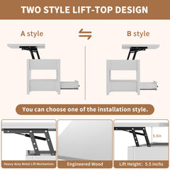 42'' Lift Top Coffee Table, 4-in-1 Multifunctional Lift Coffee Table with Storage & Hidden Compartments, Farmhouse Coffe Table with Lifting top for Living Room, Dining Reception Room, White