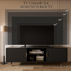 TV Stand for 65 Inch TV, Fluted TV Stand with Curved Profile, Modern Entertainment Center TV Console Table with Sliding Doors & Adjustable Shelves, TV Stands for Living Room Bedroom, Black