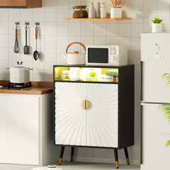 EOYUTLLY Coffee Bar Cabinet with Power Outlet & LED Light, Liquor Cabinet with Wine Rack & Glasse Holder, Wine Cabinet with Drawer for Home Bar, Black & White