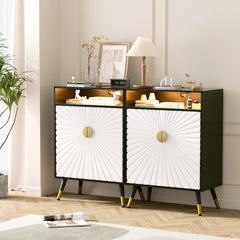 EOYUTLLY Buffet Cabinet with Storage, Buffet Cabinet with Charging Station & LED Light, Sideboard Cabinet with Decorative Sunlight Pattern Door, Accent Cabinet for Living Room, Entryway, Black & White