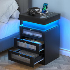 Nightstand with Charging Station, LED Nightstand with Sliding Top, Modern Black Nightstand with 3 Acrylic Drawers, Bedside Table with Storage for Bedroom, Black
