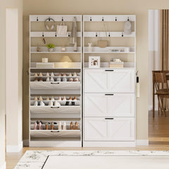 EOYUTLLY Shoe Cabinet Storage for Entryway, Narrow Shoe Rack Cabinet with 3 Flip Drawers & Coat Rack, Hidden Shoe Storage Cabinet, 2-in-1 Hall Tree Slim Freestanding Shoe Rack Organizer, Rustic Brown