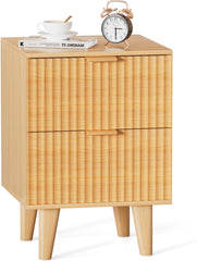 Urban Deco Fluted Nightstand with Storage, Mid Century Modern Nightstand, Wooden Side Table with 2 Fluted Drawers, End Table with Solid Wood Legs for Bedroom,15.4 x 15.4 x 22.8 in (Natural)