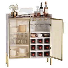 Coffee Bar Cabinet with Aluminum Frame Glass Door, Black Wine Bar & Liquor Cabinet, Modern Black Sideboard Buffet Cabinet with Storage for Kitchen, Dining Room & Living Room