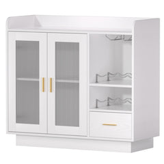 Wine Bar Cabinet with LED Lights, Floating Coffee Bar Cabinet with Wine and Glass Rack, Modern Liquor Cabinet with Glass Doors and Drawers for Living Room, Black