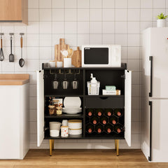 EOYUTLLY Coffee Bar Cabinet with Wine Rack & Glass Holder, Liquor Cabinet with Fluted Doors, Modern Sideboard Buffet Cabinet with Drawer Storage for Living Room Kitchen, Black