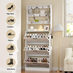 EOYUTLLY Shoe Cabinet for Entryway with 2 Flip Drawers,Narrow Wooden Shoe Storage Cabinet with Metal Legs,Hold 24 Pairs, 4-Tier Adjustable Shelves–Freestanding Hidden Shoe Organizer for Hallway, Foyer