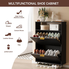 Urban Deco Shoe Storage Cabinet for Entryway, Wooden Organizer Shoe Cabinet with 2 Flip Drawers, Elegant 2 Tier Freestanding Shoe Organizer (Black)