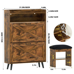 EOYUTLLY Shoe Cabinet Storage for Entryway, Narrow Shoe Rack Cabinet with 3 Flip Drawers & Coat Rack, Hidden Shoe Storage Cabinet, 2-in-1 Hall Tree Slim Freestanding Shoe Rack Organizer, Rustic Brown