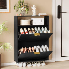 Urban Deco Shoe Storage Cabinet for Entryway, Wooden Organizer Shoe Cabinet with 2 Flip Drawers, Elegant 2 Tier Freestanding Shoe Organizer (Black)