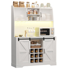 Coffee Bar Cabinet, 47" Farmhouse Sideboard Buffet Cabinet with Sliding Barn Door, Wine Rack & 6 Hooks, Wine Bar Cabinet for Home Dining Living Room, Dark Rustic Oak