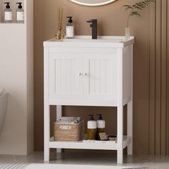 24 Inch Bathroom Vanity with Sink, Bathroom Sink Cabinet with 2 Doors and 1 Open Shelf, Under Sink Cabinet, Bathroom Storage Cabinet Organizer with Sink Combo, White