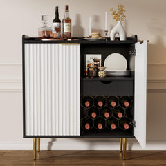 EOYUTLLY Coffee Bar Cabinet with Wine Rack & Glass Holder, Liquor Cabinet with Fluted Doors, Modern Sideboard Buffet Cabinet with Drawer Storage for Living Room Kitchen, Black