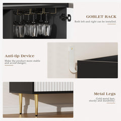 EOYUTLLY Coffee Bar Cabinet with Wine Rack & Glass Holder, Liquor Cabinet with Fluted Doors, Modern Sideboard Buffet Cabinet with Drawer Storage for Living Room Kitchen, Black