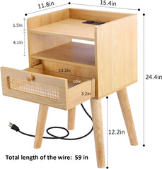 EOYUTLLY Nightstand Set of 2, End Table with Charging Station and Drawer Storage, Bedside Table with USB Ports Modern Side Table for Living Room, Bedroom and Small Space, Natural