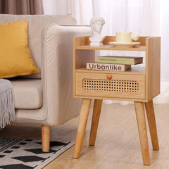 EOYUTLLY Rattan Nightstand Side Table with Storage Drawer and Open Shelf, Bedside Table for Solid Wood Legs, Modern End Table for Living Room, Bedroom and Small Space, Natural