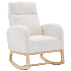 Rocking Chair, Upholstered Nursery Glider Rocking Chair with Solid Wood Legs & Side Pocket, Accent Armchair Comfy Chairs Rocking Chair Nursery for Living Room Bedroom Offices (White, Teddy)