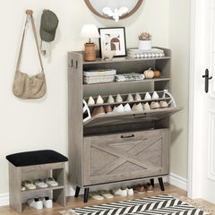 EOYUTLLY Shoe Cabinet Storage for Entryway, Narrow Shoe Rack Cabinet with 3 Flip Drawers & Coat Rack, Hidden Shoe Storage Cabinet, 2-in-1 Hall Tree Slim Freestanding Shoe Rack Organizer, Rustic Brown