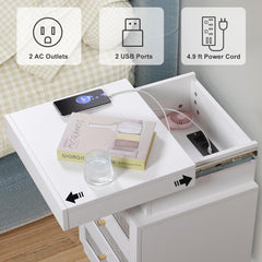Urban Deco Nightstand with LED Light and Charging Station, Night Stand with Drawers Bedside Table with Sliding Top for Bedroom, White